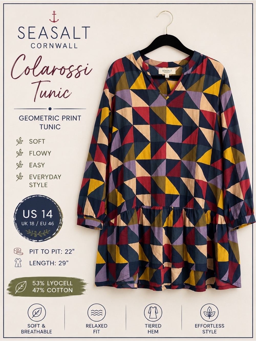 Seasalt Cornwall Colarossi Geometric Print Tunic Dress Lyocell Cotton US 14